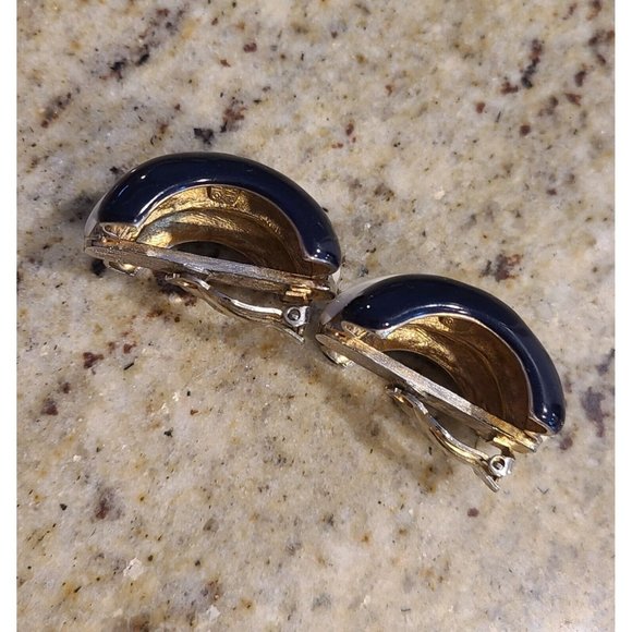 Donald Stannard Black White Gold Large Chunky Enamel Clip Earrings Half Hoop - Picture 4 of 14